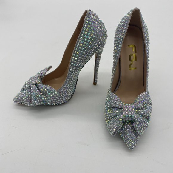 S FSJ Silver Pointed Toe Glitter Rhinestone High Heel Bowknot Wedding Pump - Picture 3 of 9